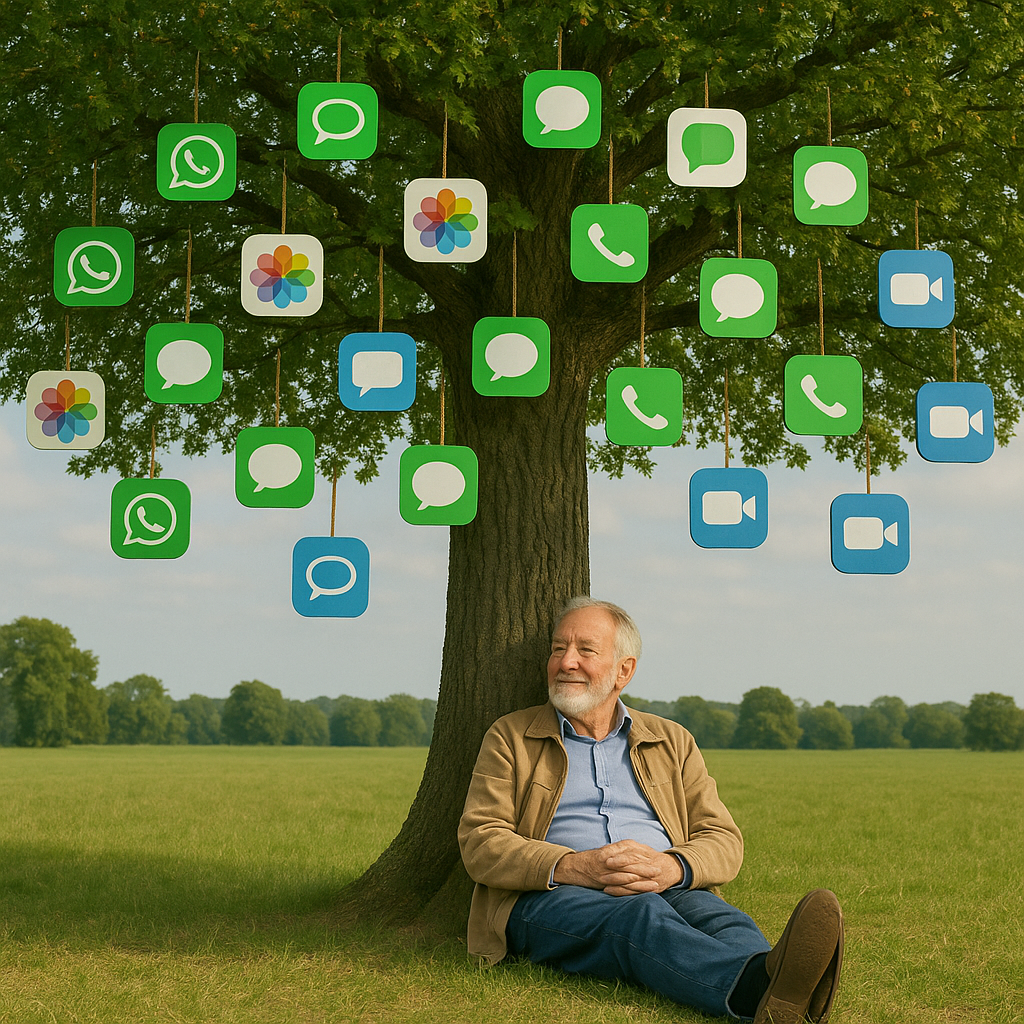 Man sitting under a tree with digital memory icons